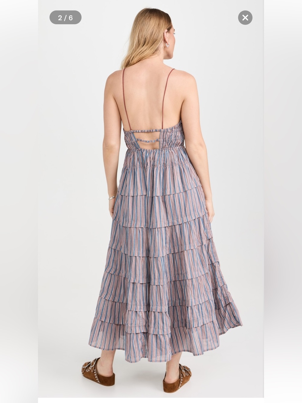 Free People Going Steady Rust Blue Striped Tiered Midi Dress-M - Picture 2 of 10